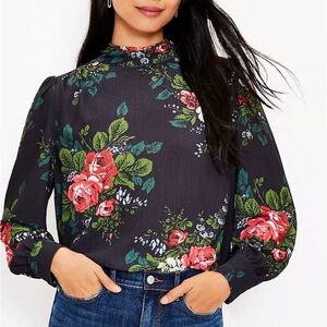 LOFT Black Floral Blouse with Tie Back